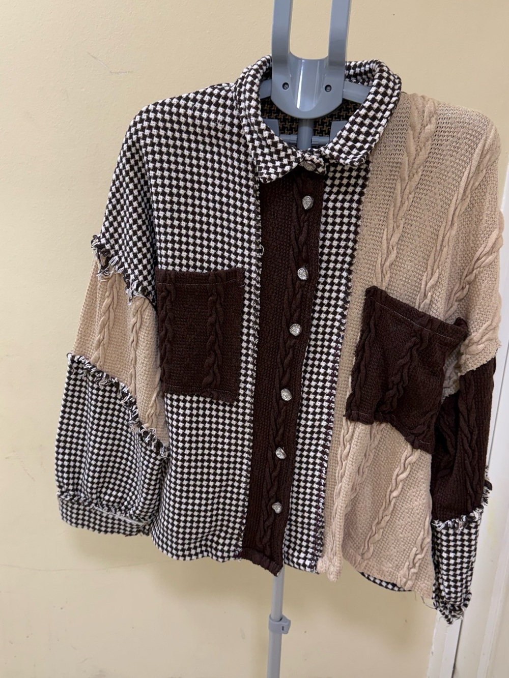POL Patchwork Button-Up Sweater Jacket in Brown & Cream